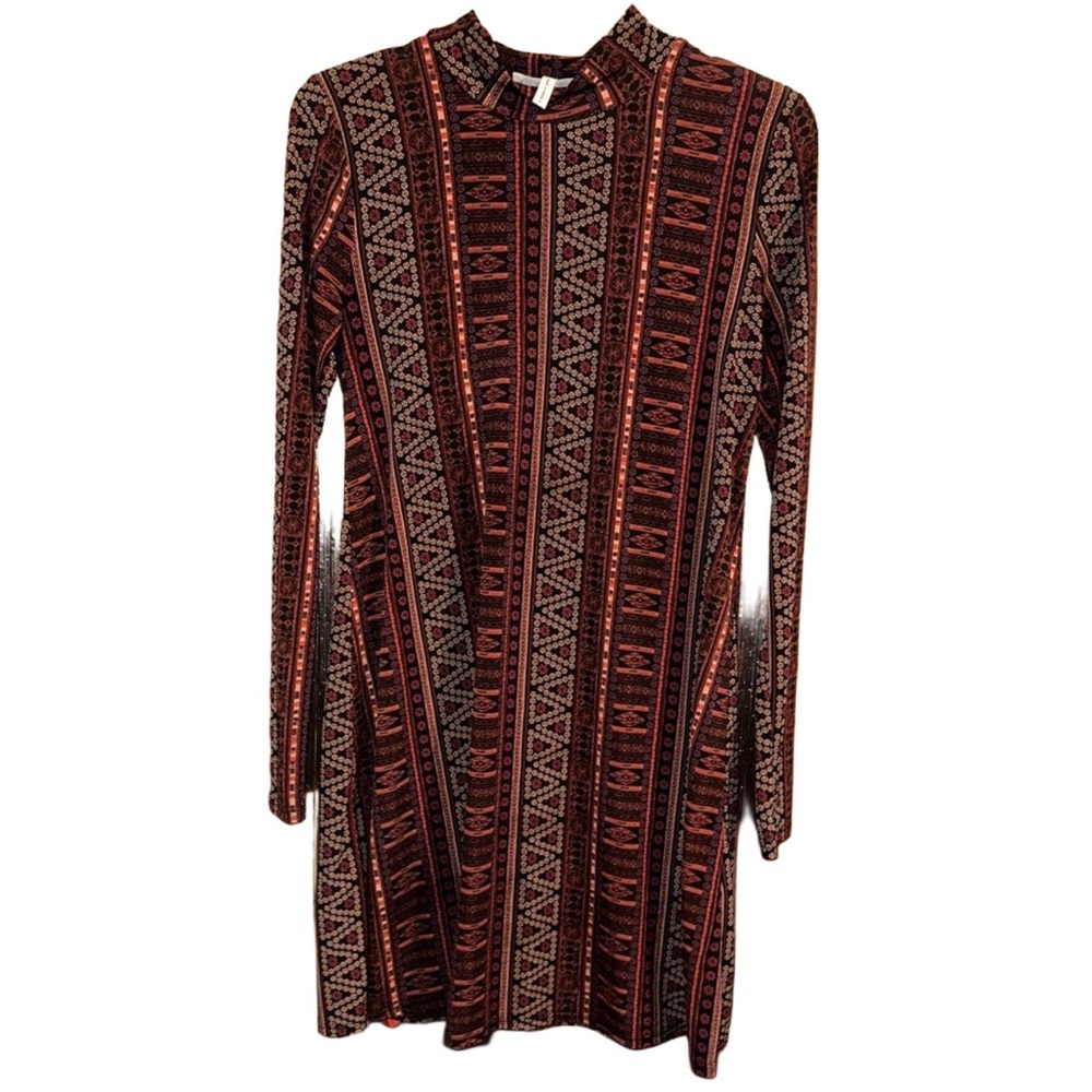 BCBGeneration Mod Style Long Sleeve Printed Mini Dress with Mock Neck-Size S